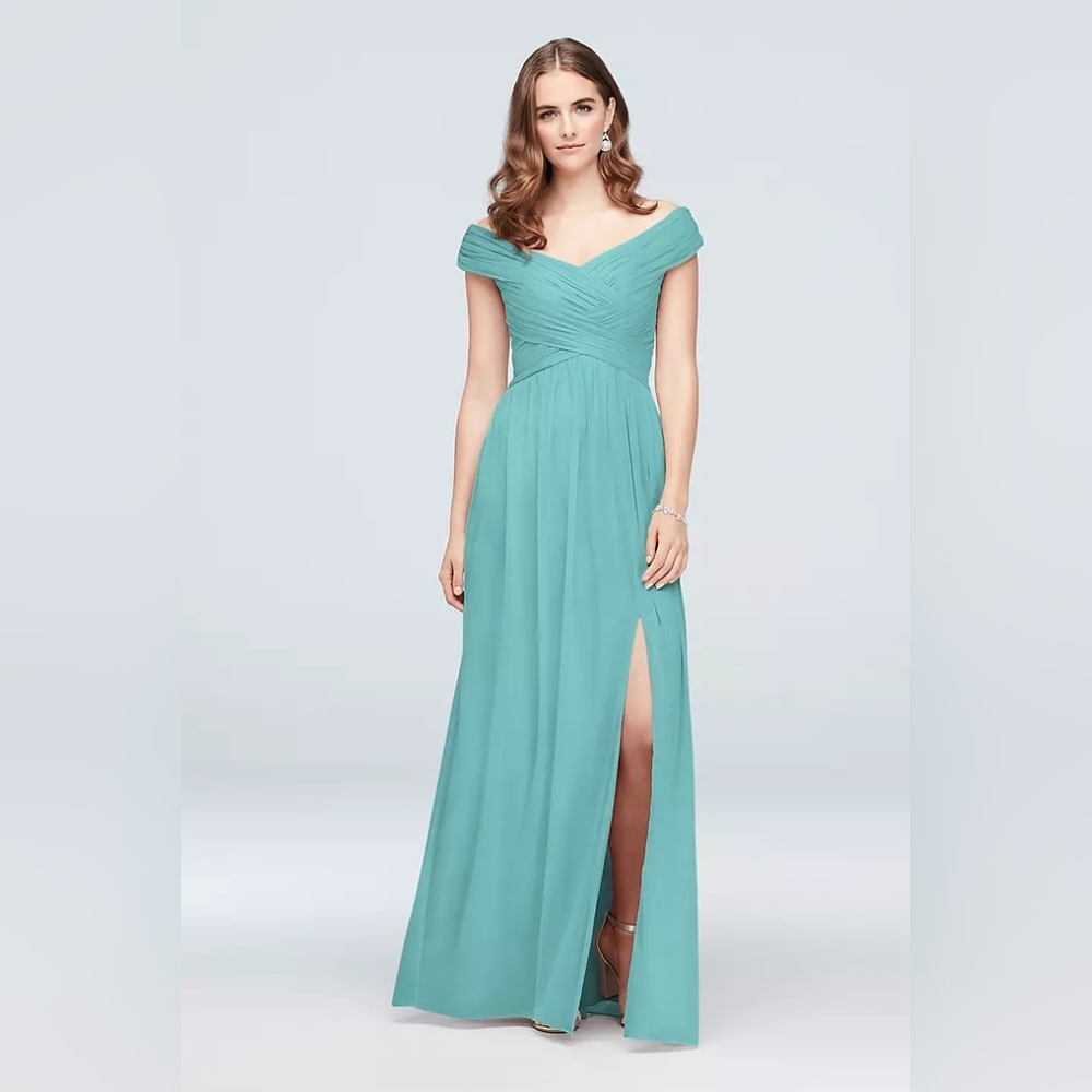 David's Bridal Crisscross Off-the-Shoulder Mesh Dress in Spa